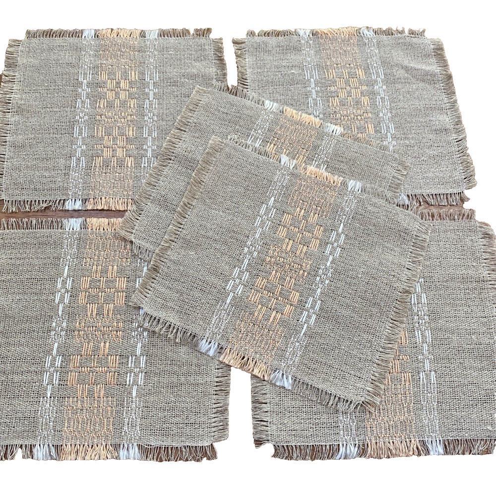 Set of 6 Woven Cocktail Napkins Doilies Tan Peach White Unfinished Fringed Edge